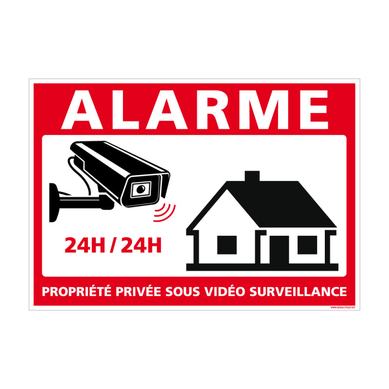 Panneau Alarme - Propriété Privée sous Vidéo Surveillance 24h/24 avec Loi.  G1651. Sticker alarme, panneaux PVC, alu - Adhésif - 75 x 105 mm