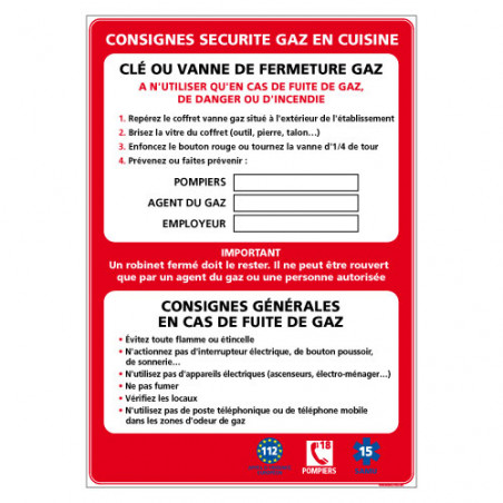 Panneau De Signalisation " CONSIGNES SÉCURITÉ GAZ EN CUISINE"